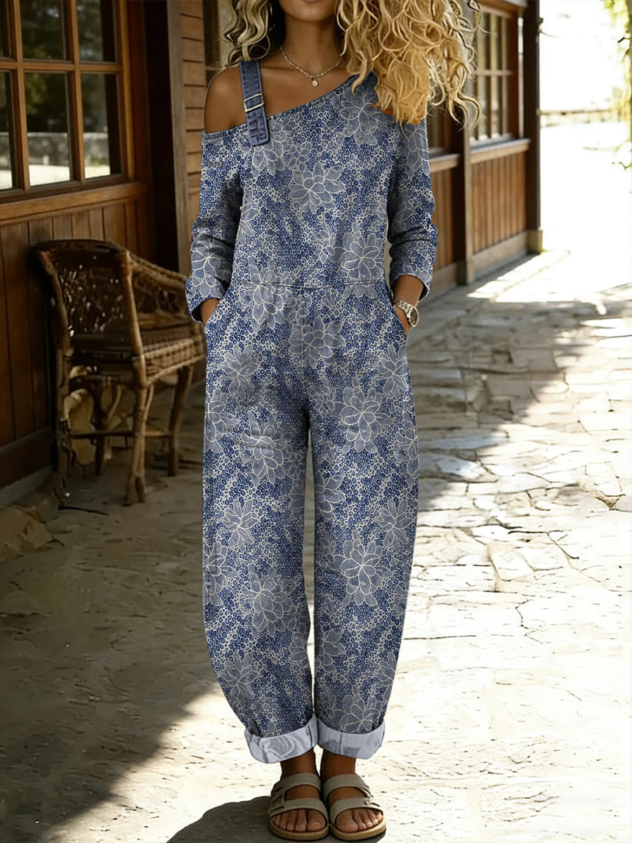 Women's Retro Hippy Floral Art Print Washed Cotton Denim Patchwork Jumpsuit